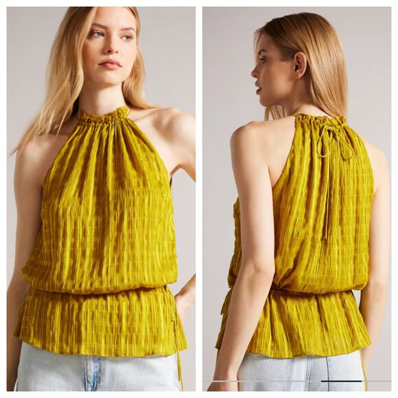 Ted Baker Women’s Cliara Blouse Size 1 US 4 Drawstring Waist Halter Tops Yellow - Picture 1 of 12
